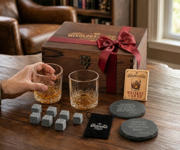 Piedras de whisky en cofre de madera
